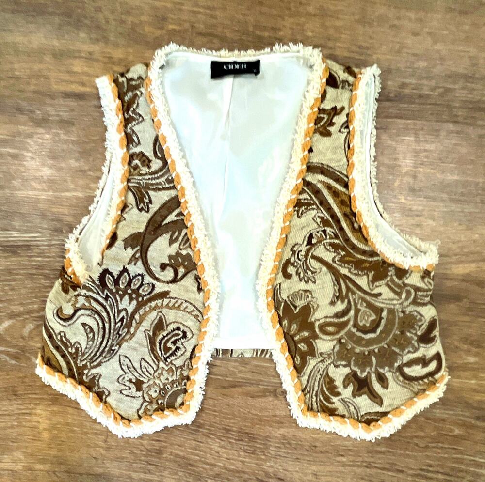 CIDER Womens Paisley Open Front Sleeveless Vest Lined Woven V-Neck Brown Beige M